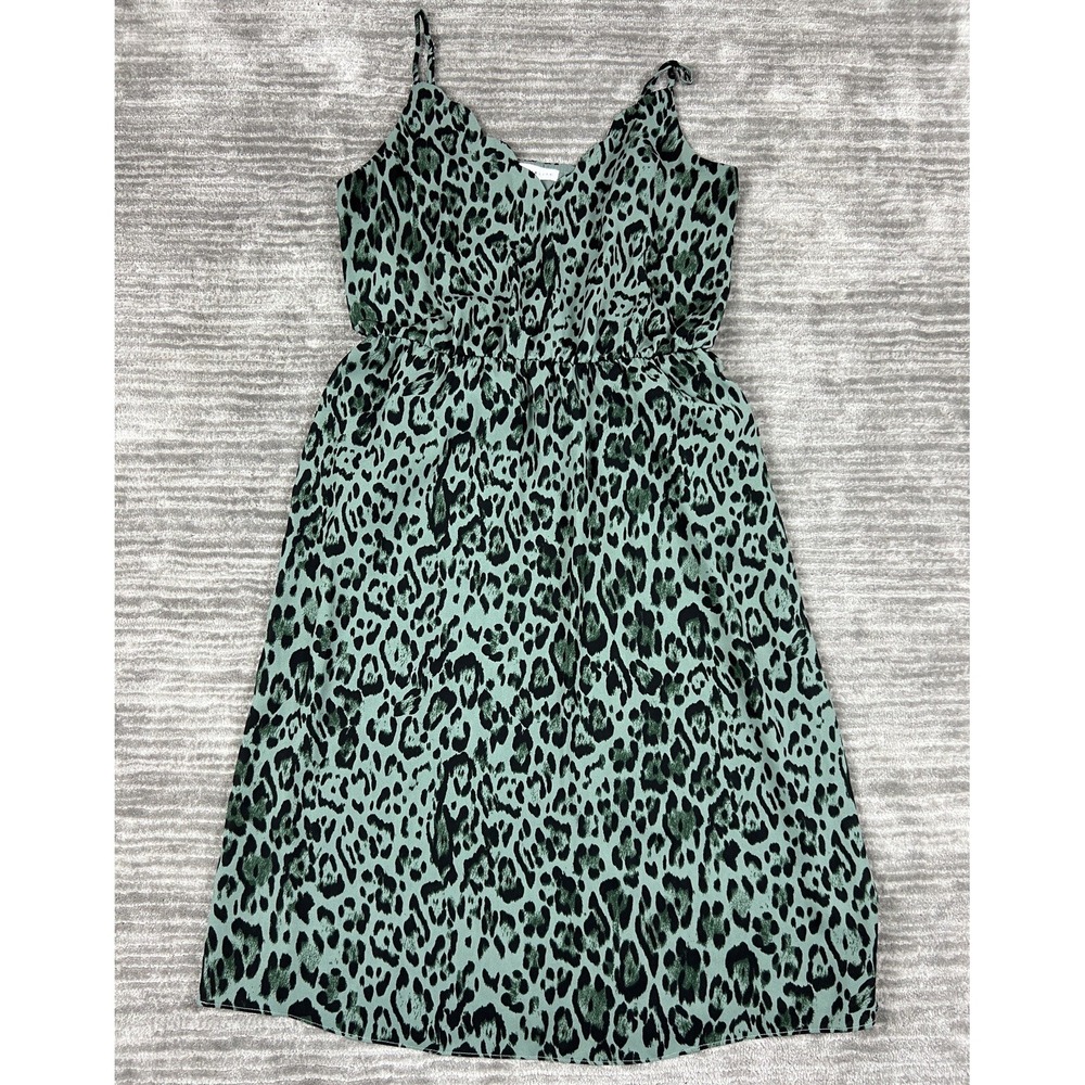 Socialite Midi Dress Womens Medium Green Black Leopard Print Cami V-Neck Elastic